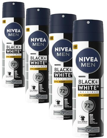 NIVEA MEN Black & White Invisible Epic Night Spray 150 ml, Deodorante uomo antitraspirante 72h, Deodorante spray contro odori, sudore, residui, irritazioni e macchie, Profumo rinfrescante e maschile