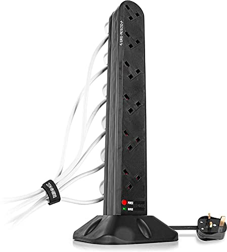 Duronic Tower Extension Lead ST12B 12 Gang Surge Protected Extension leads with USB & USB-C Slot Black 12 Way Electric Power Strip with Spike Protection Multi UK Plug Outlet Socket with 2m Cable | 3 USB Slots, 2 USB-A And 1 USB-C, Spike Protection, Master Power Switch, 2m Cable, Multi Plug Socket For Home Or Office Desk