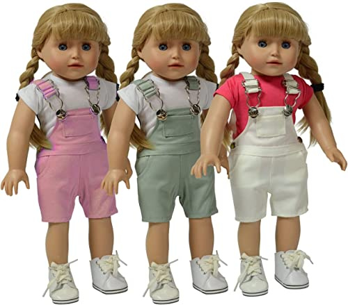 The New York Doll Collection Set de 3 Multi Color Muñeca Tela Asargada Peto - Rosado, Gris y Blanco Peto - Para Moda Niña Muñecas - Encaja 18 pulgadas / 46 cm Muñecas - Muñeca Ropa - Muñeca Accesorios
