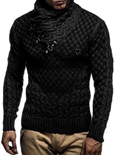 Leif Nelson Men's Pullover Knit Sweater Chunky Knit Shawl Collar LN-5255 Anthracite Black XXX-Large