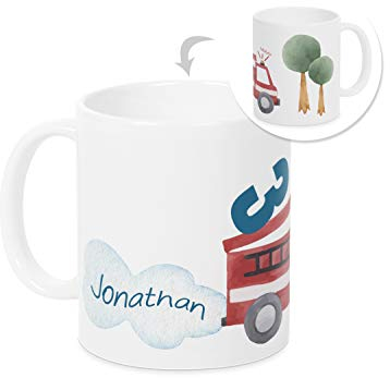 GRAZDesign Kindertasse mit Namen und Zahl | Feuerwehrauto | personalisierte Tasse Jungen Kinder Trinkbecher Kindergeschirr Becher Keramik BPA-frei, 330ml