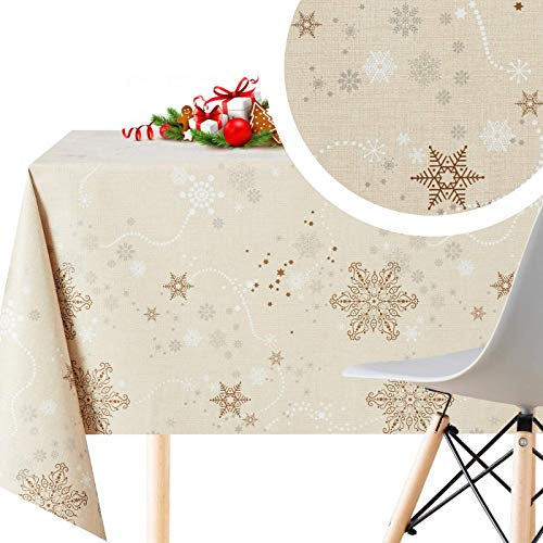 Festive Cream Merry Christmas Vinyl Table Cloth Wipe Clean Rectangle 300 x 140cm | 118 x 55in For 8-10 Seats - Reusable Heavy Weight Oilcloth With Embossed Xmas Gold Snowflakes PVC Tablecloths