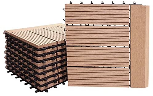 Mendler WPC Bodenfliese Rhone + Abschluss, Holzoptik Balkon/Terrasse, 11x je 30x30cm = 1qm Premium - Teak linear waagrecht