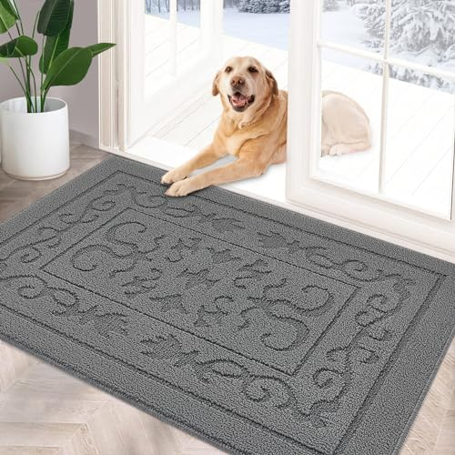 FONEYI Fußmatte für den Innenbereich, Eingangsteppich 91.4x149.9 cm, rutschfeste Gummi-Rückseite, maschinenwaschbar, Hundetürmatte, niedriges Profil, schlammige nasse Schuhe und Pfoten, Grau