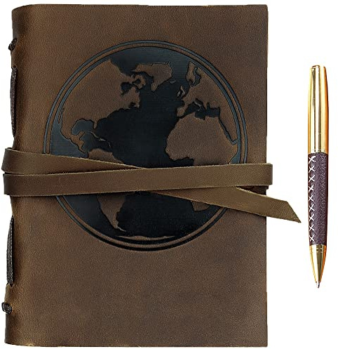 Leder Notizbuch A5 Tagebuch Journal Geprägt Welt Handgefertigte Reisetagebuch, Vintage Notebook Für Männer Frauen Antik Rustikal Echtes Leder 21X15Cm Geschenk Sketchbook Reisende Travelers Notebook