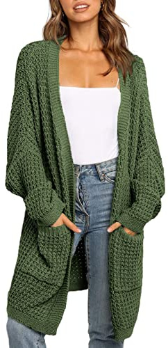 Maavoki Cárdigan largo para mujer de manga larga de gran tamaño suéter casual abrigo de punto otoño ropa exterior con bolsillo, Z verde oscuro., M