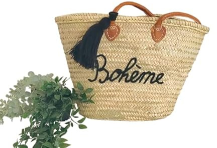 Panier de plage bohème, Sac cabas en paille, Panier en osier XXL, Beige, Noir, 55 cm x 35 cm x 25 cm