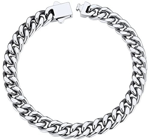ChainsHouse Silver Chain Bracelet Cuban Link Curb Chains Hip Hop Jewellry Mens Chunky Stainless Steel Bracelets for Men Wrist 7mm