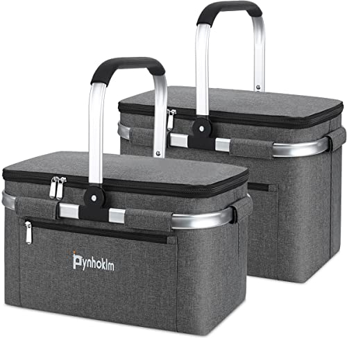 Pynhoklm® 30L Großer Einkaufskorb und 22L Korb Mit Kühlfunktion - Isolierter Picknickkorb Mit Alu-Griff - Klappbarer Thermokorb für Reisen/Picknick/Einkaufen