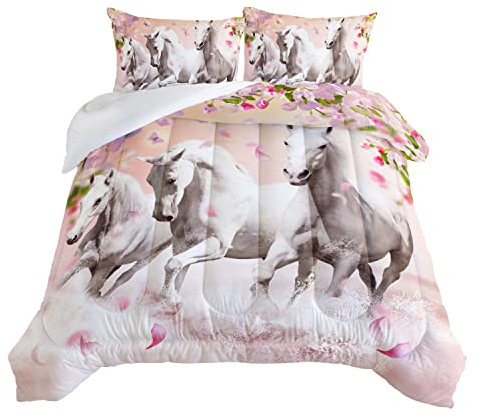 HOSIMA Pferde-Bettwäsche für Mädchen, rosa Kirschblüte, bedrucktes Queen-Steppdecken-Set für Mädchen und Teenager mit 2 Kissenbezügen, Bettwäsche-Set, Western-Bettwäsche-Set.