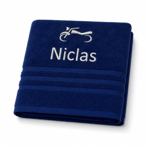 Pet-Jos Personalisiertes Handtuch mit Namen Schön gestickter Sport Name Handbadetuch 100% Baumwollhandtuch Sportliche Motive Personalized Custom Towel with Name (140 x 70 cm, Motorrad)