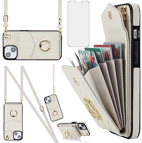 Asuwish Phone Case for iPhone 14 6.1 inch Wallet Cover with Tempered Glass Screen Protector and Wrist Strap Ring RFID Blocking Card Holder Cell iPhone14 5G i i-Phone i14 iPhone14case Women Off White