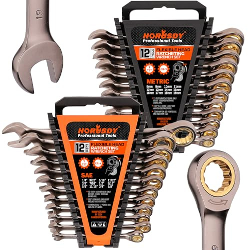 HORUSDY 24-Piece Ratcheting Wrench Set | Metric and SAE | Ratchet Combination Wrenches Set with Organizer | 72-Teeth | Chrome Vanadium Steel | 8-19 mm & 1/4” to 7/8“
