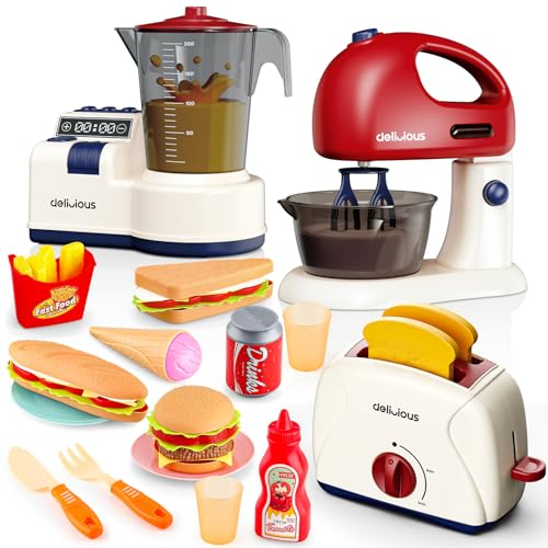 deAO Play Kitchen Appliances Toy Set with Blender, Mixer,Toaster and Play Food,Kids Kitchen Accessories Pretend Play Kitchen Toys Playset with Sounds for Kids Ages 3+
