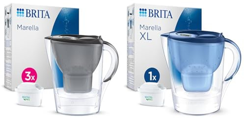 BRITA Marella Water Filter Jug Starter Pack - Graphite (2.4L) incl. 3x MAXTRA PRO All-in-1 cartridge & Marella XL Water Filter Jug Blue (3.5L) incl. 1x MAXTRA PRO All-in-1 cartridge