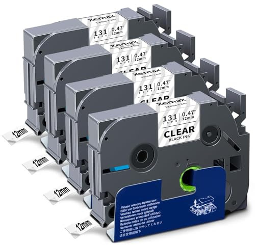 4x XemaX Etikettenband Kompatibel für Brother P-touch Bänder 12mm TZe-131 TZ-131 Schriftbänder Schwarz auf Transparent Etiketten Kassette für Brother PT-E110 H100R H110 H101C H108 E100 H100LB H105