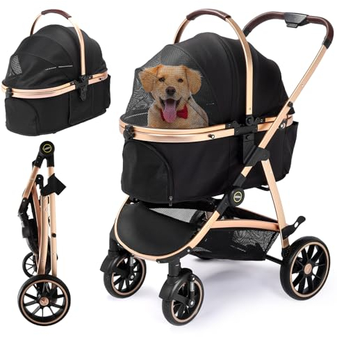 DAISTERN Hundebuggy klappbar bis 25KG, Leichter Alu-Rahmen, 360°schwenkbares EVA-Vorderrad mit Stoßdämpfer & Feststellbremse, 4-in-1 Hundewagen für Waldspaziergang, Stadtbummel & Tierarztbesuch