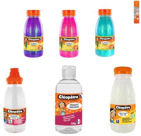 CLEOPATRE – Kit de Slime – Pour Fabriquer du Slime avec Colle Transparente, Colle Blanche, Produit Magique Activateur, Peintures et Paillettes – Lot 6 produits