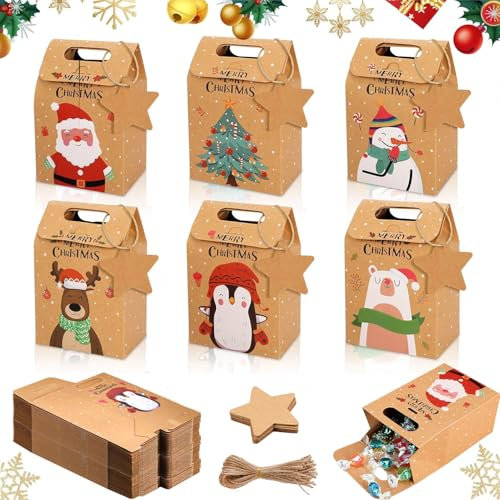 24 Stück Geschenktüten Weihnachten Party Geschenkboxen,Weihnachtskraft Geschenktüte,Papiertüten Weihnachte,Geschenktüten aus Kraftpapier für Kekse,Süßigkeiten,Geschenken