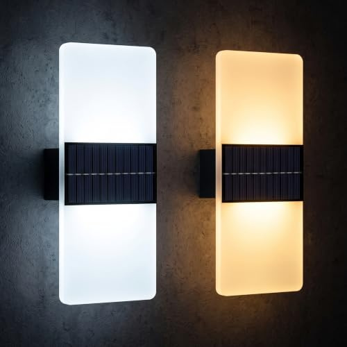 GEEZY Set of 2 Solar Wall & Fence Lights, Dual Colour LED, Waterproof | Waterproof acrylic outdoor wall lights with dusk sensors for patios & porches. Switch between warm & cool white glow.