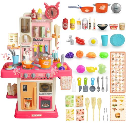 RedCrab Kinderküche Spielküche Set, 45 Stück Kinderküchenzubehör mit Dampf-Effekt & Ton und Licht Funktionen, Küchenspielzeug Rollenspiel für Kinder Jungen Mädchen ab 3 Jahre