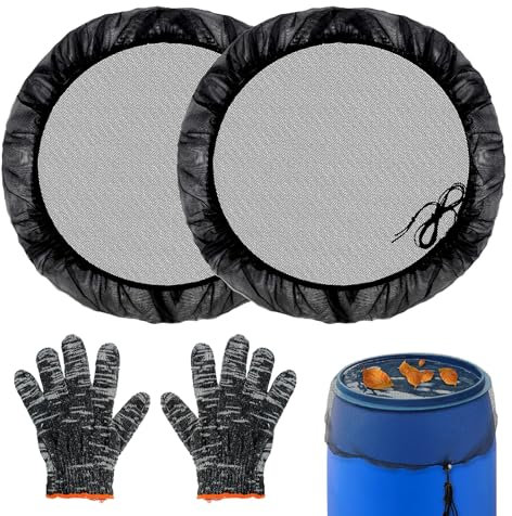 2Pcs Water Butt Net Cover, 60cm Rain Barrel Mesh Cover, Rain Harvesting Tool Protector, Adjustable Rain Collection Barrel Protection Net, Rain Butt Screen with Drawstring Gloves for Outdoor Garden