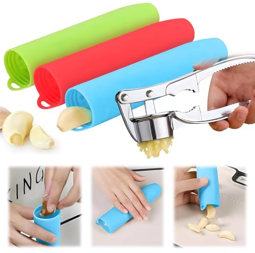 Manuelle Knoblauchpresse für Küche, großer Knoblauchschäler, Knoblauchstößel, Haushaltsknoblauchpresse, Knoblauchschäler für feines und grobes Hackfleisch, Knoblauchpresse, Knoblauchpresse (Set B)