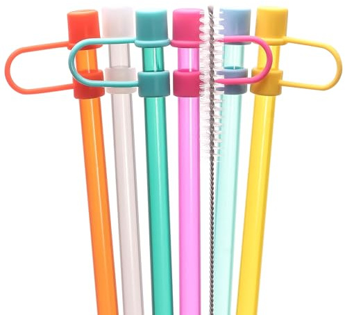Dakoufish 6 popotes con tapa para reemplazo de vaso Stanley de 40 onzas, popote de plástico reutilizable de 12 pulgadas con puntas de tapón y cepillo, perfecto para accesorios de tazas Stanley (12