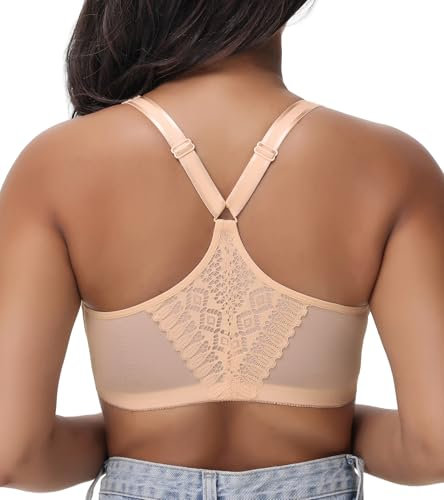 Oscrenia Racerback Front Closure Bra Plus Size for Women Unlined Underwire Wide Strap(Beige,36D)