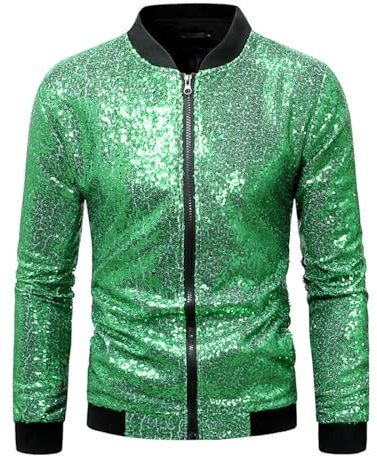 Caxndycing Glitzer Sakko Herren Metallic Nachtclub Reißverschluss Glänzend Bomberjacke Pailletten Jacke 70er Disco Party Karneval Mottoparty Kostüm Paillettenanzüge