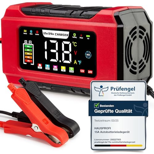 15A Autobatterieladegerät 12V/24V, HAUSPROFI Intelligentes KFZ Batterieladegerät mit 9-Stufen-Ladung, LCD-Display für Auto, LKW, Motorrad, Boot - Kompatibel mit Blei-Säure, AGM, EFB, LiFePO4 Batterien