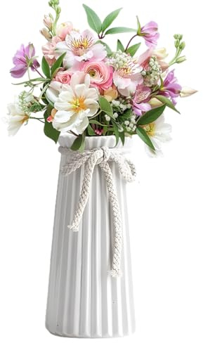 White Ceramic Ribbed Vase Decorative Flowers Vase | Decorative Dried Flower Display for Wedding Tables, Offices, Bedrooms, Living Rooms - 19.5 cm / 7.6 Inch