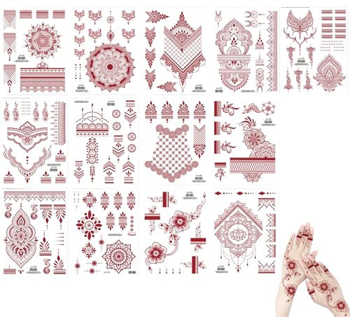 15 Fogli Tatuaggi Temporanei,Tatuaggi Finti,Mandala Fiore Tatuaggi Adesivi,Impermeabile Boemia Tatuaggi,Indiano Falso Tatuaggi Eid Wedding Party Favors