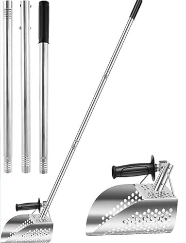 Metal Sand Scoop, 45.5-Inch Long Handle Adjustable Beach Shovel for Sand Sifting and Treasure Hunting, Detachable Metal Detector Scoop