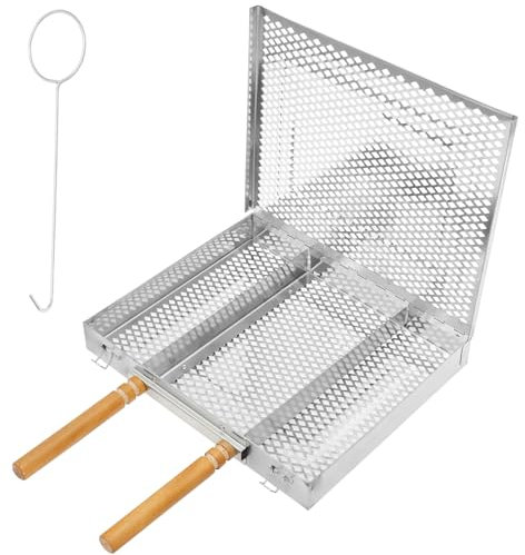 Cesta de barbacoa para verduras, acero inoxidable, cesta para pescado, soporte para pescado, para verduras de pescado, camarones con dos asas extraíbles, incluye ganchos, no se deforma ni se retuerce
