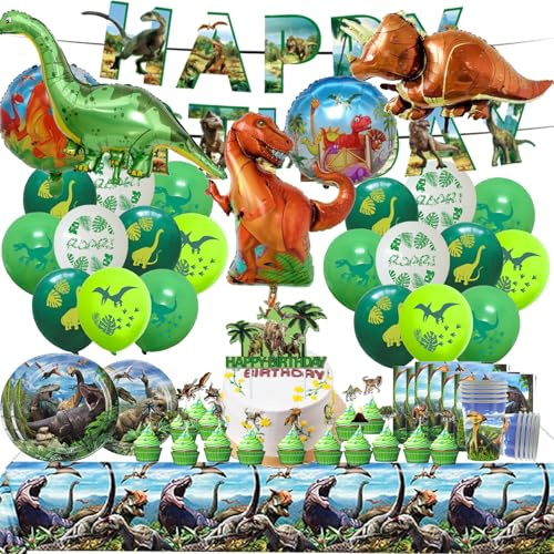 93 Pezzi Dinosauri Stoviglie per Feste di Compleanno，Addobbi Compleanno Dinosauri，Tovaglioli, Tovaglia, Piatti di Carta