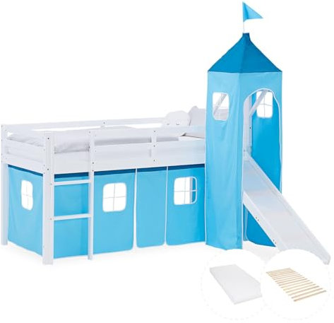 Homestyle4u Hochbett mit Rutsche Matratze Lattenrost 90x200 cm Weiß, Kinderbett aus Holz Kiefer, mit Turm Vorhang Blau, Artikel 2999