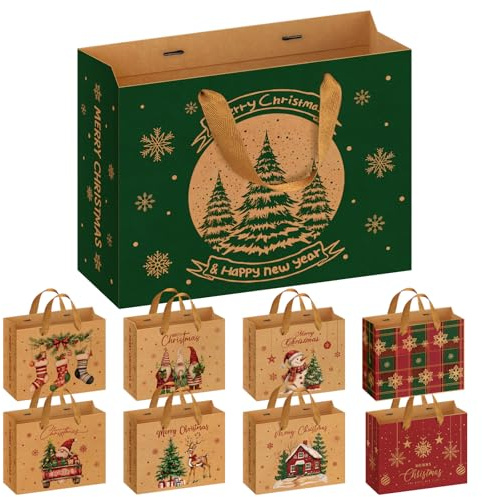 WUQNGI 9 Stück Geschenktüten Weihnachten Groß, XXL Weihnachtstüten Papier 50x40x20cm, Wiederverwendbar Papiertüten Weihnachten mit Henkel, Kraftpapier Geschenkverpackung Tüten Set für Kinder