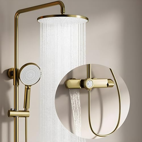 Duschsystem Gold mit Thermostat, Messing Duscharmatur mit 26cm 360° Verstellbarer Regendusche Duschkopf, Multifunktionalität Duschset Wandmontage, Height Adjustable Duschsystem Set mit Handbrause