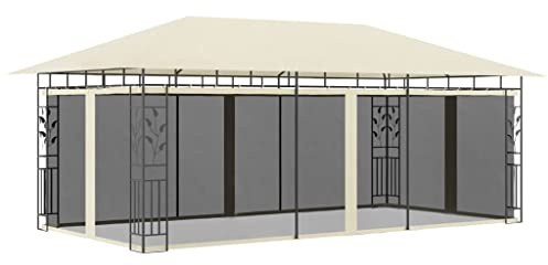 Gazebo de Jardin, 6x3x2.73 m avec Moustiquaire, Structure Acier Renforcé, Toit Ouvrant, Abri de Jardin et Pergola Jardin Exterieur, pour Terrasse et Espace Extérieur, Couleur Crème