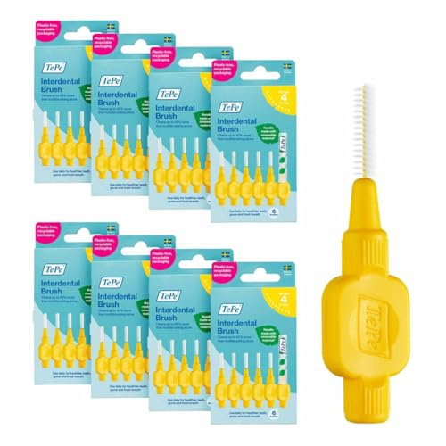 TePe Interdentalbürste, Original, Gelb, 0,7 mm/ISO 4, 6 Stk., Plaque-Entfernung, Effiziente Reinigung der Zahnzwischenräume, für Mittelgroße Lücken (Packung mit 8)
