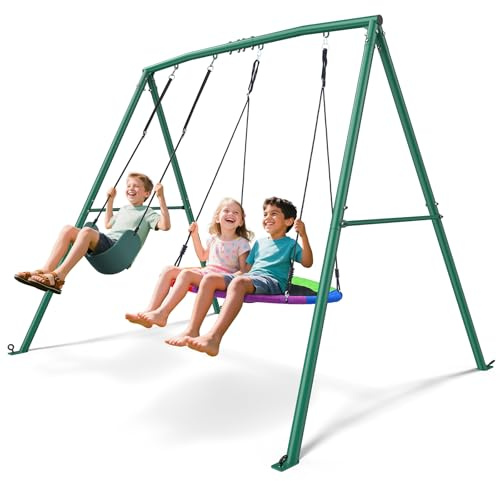Trekassy 440lbs 2 Seat Kids Swing Sets for Backyard, 1 Nest Swing and 1 Belt Swing with Heavy Duty Outdoor A-Frame Metal Swing Stand for Playground, Playset