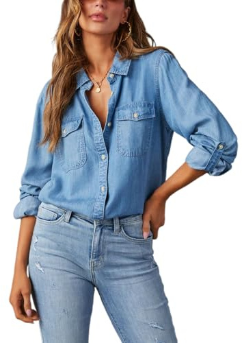 Femme Chemise en Jean à Manches Longue Chemiser Boutonnée en Denim avec Poches Veste Légère Chic et Élégant