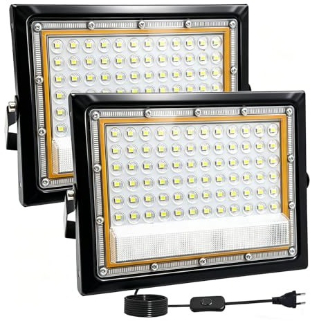 Tkdaksy 2 Stück LED Strahler Außen 50W, 1.5M Kabel 6500K Kühlweiß 5000LM LED Scheinwerfer, Mit Schalter Strahler Außen IP66 Wasserdicht, für Gärten, Terrassen, Höfe, Balkone, Parks, Fabriken, Garagen