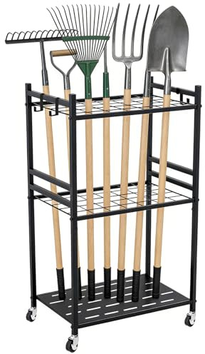 Garden Tool Storage Rack,Heavy Duty 3 Tier Garden Tool Storage Rack | (30x43x79.4cm)35 Slot Shed Organiser with Lockable Wheels & 3 Hooks, Durable Garden Tool Holder for Garage, Yard, Outdoor Use