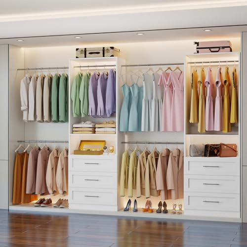 Closet System with 6 Drawers, 4FT-15FT Closet Organizer System with 10 Adjustable Hanging Rods & 2 Shelves, Modular Closet Systems Kit for Walk-In Closets, 2 Sets, White