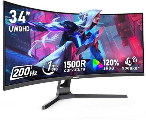 Gawfolk 34 Inch Ultrawide Curved 200Hz Gaming Computer Monitor,1500R PC Screen 21:9 UWQHD (3440x1440),120% sRGB,Adaptive Sync,Built-in speaker,HDMI、Display Port,Compatible with Wall mounting-Black