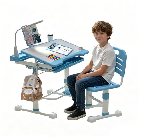 Schreibtisch Kinder, Kinderschreibtisch und Stuhl Set, Höhenverstellbar Kinderschreibtisch für Kinder 3-12 Jahre, Mehrfunktional Kinderschreibtisch mit LED Lampe, Aufbewahrung, Malen & Lesen (Blau)