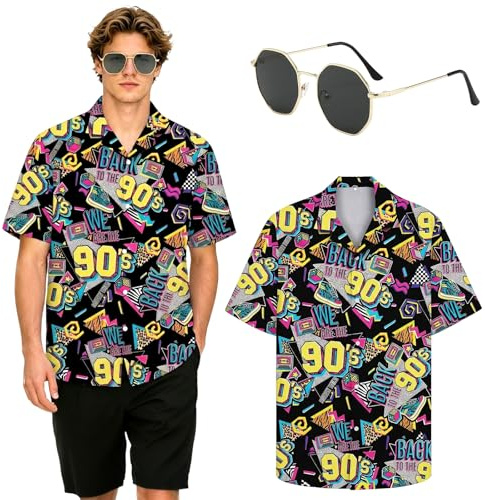 YYDSXK Camicia Hawaiana Uomo Anni 90, Camicia Uomo Maniche Corte e Occhiali, Costume Hawaiana Anni 80 Uomo, Maniche Corte Vintage per Vacanze Estive Informali e Feste di Carnevale (XL, Giallo)