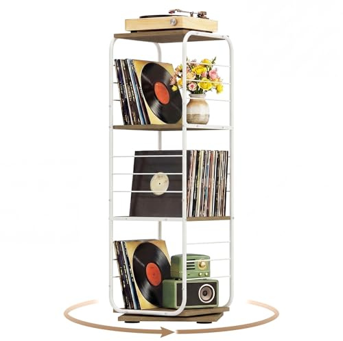 COSTWAY Meuble Rangement Vinyle à 4 Niveaux pour Disques Vinyles, Support Platine Vinyle pour Jusqu’à 210 Albums, Pivotant 360°, Meuble Tourne-Disque Vinyle en Métal, pour Salon (Naturel)